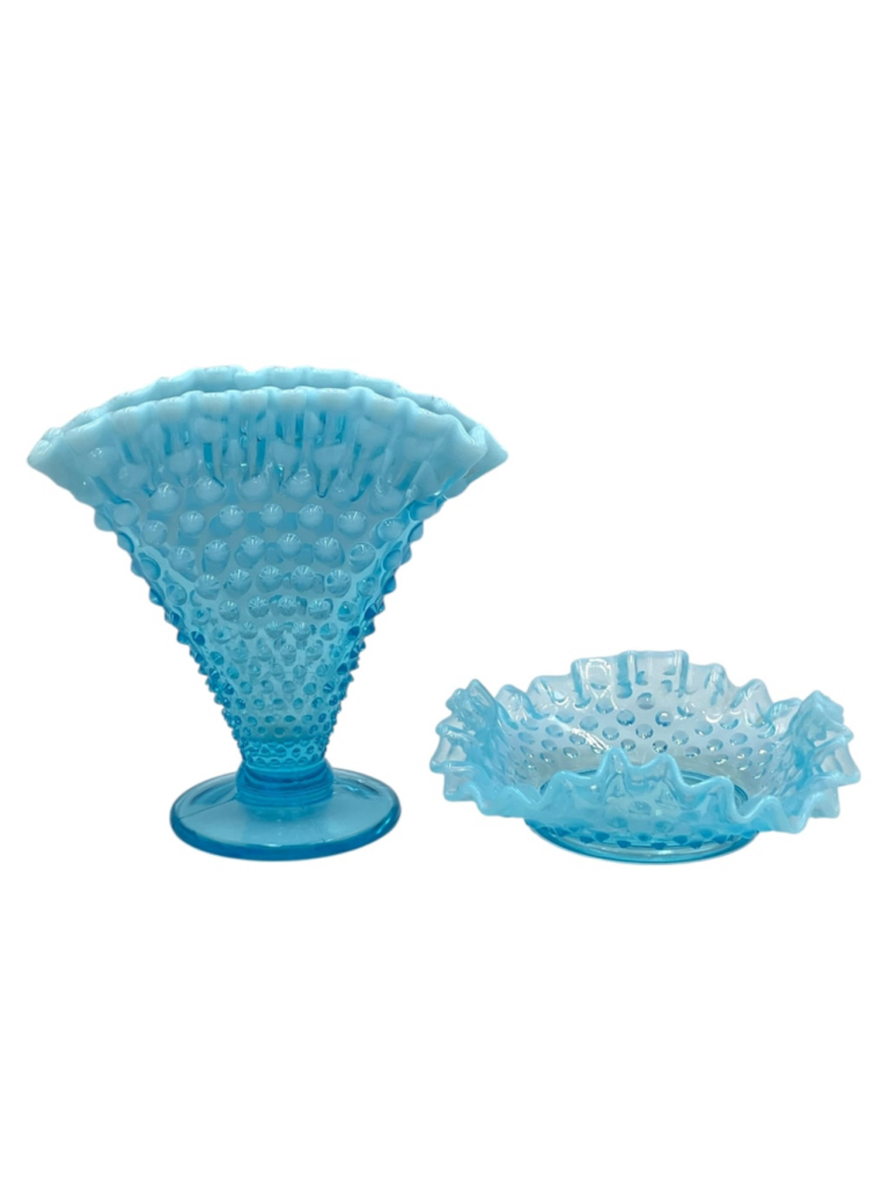 Vintage Fenton Blue Opalescent Hobnail Ruffled Fan Vase & Bon Bon Dish